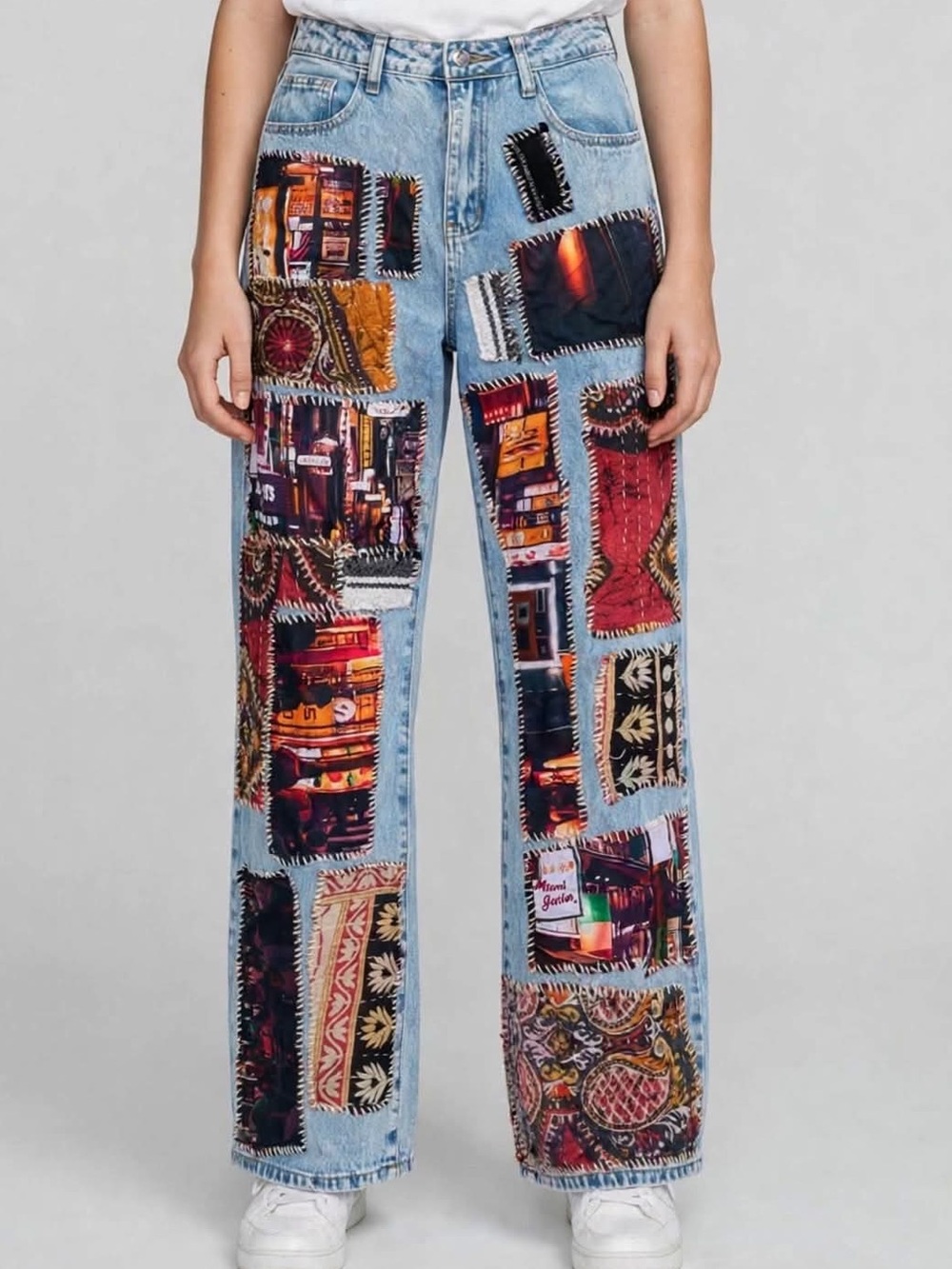 Upcycled patchwork wide leg jeans cityscape boho festival one of a kind Tokyo